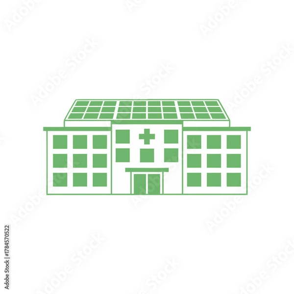 Fototapeta Modern Hospital Building With Two Towers Connected By A Central Walkway Featuring A Clean Blue Facade And A Green Roof Underneath A Bright Sky Offering A Sense Of Calm And Professionalism