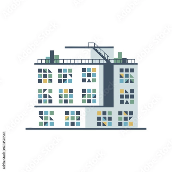 Fototapeta Modern Medical Building Vector With Multi Floor Structure Rooftop HVAC Elements And Clean Geometric Layout In White And Blue Tones