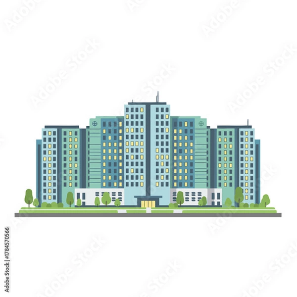 Fototapeta Modern Medical Center Building With Clean Symmetrical Lines And Pastel Colors In A Compact Urban Architecture Setting Detailed Flat Vector Illustration