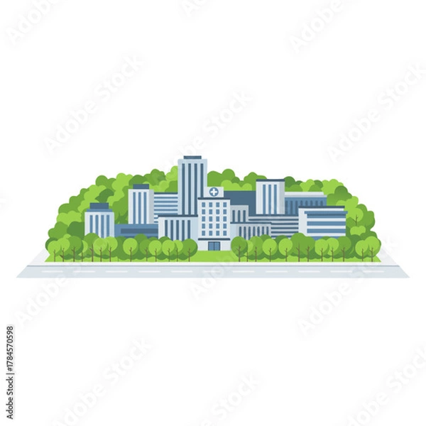 Fototapeta Modern Medical Clinic Building with Glass Doors and Minimalist Roof Surrounded by Lush Green Trees under a Clear Sky