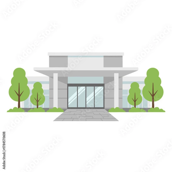 Fototapeta Modern minimalist vector illustration of a white hospital building structure with a red cross sign atop and green trees on the sides under a bright clear sky flat modern style
