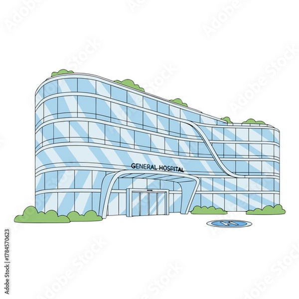 Fototapeta Modern Multi Story Healthcare Building With Rooftop Equipment And Lush Greenery Vector Illustration Flat Rendering Isolated On Black Background
