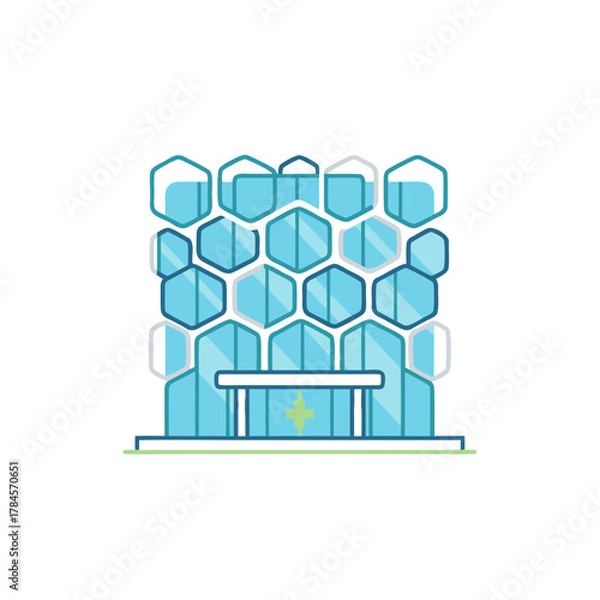 Fototapeta Modern Stylized Hospital Building With Hexagonal Facade And Central Atrium In Soft Blue And White Tones With Green Accent