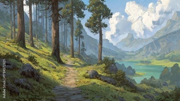 Fototapeta Scenic Mountain Path Through Lush Forest Beside Lake Under Cloudy Sky with Pixelated Effect