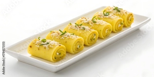 Fototapeta khandvi rolls neatly aligned on rectangular white plate, yellow rolled gram