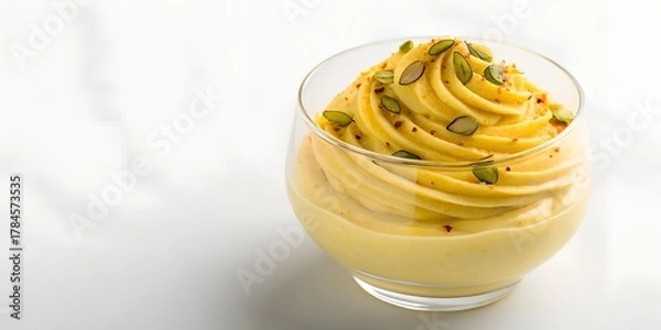 Fototapeta shrikhand dessert, swirled texture topped with pistachio slices