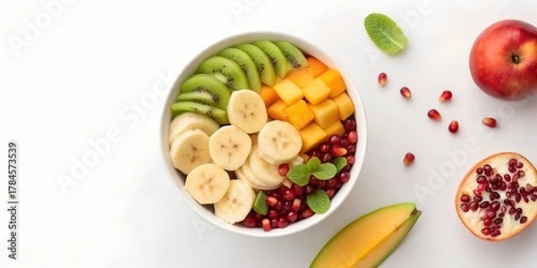 Fototapeta fruit salad bowl with banana, apple, papaya, and pomegranate,