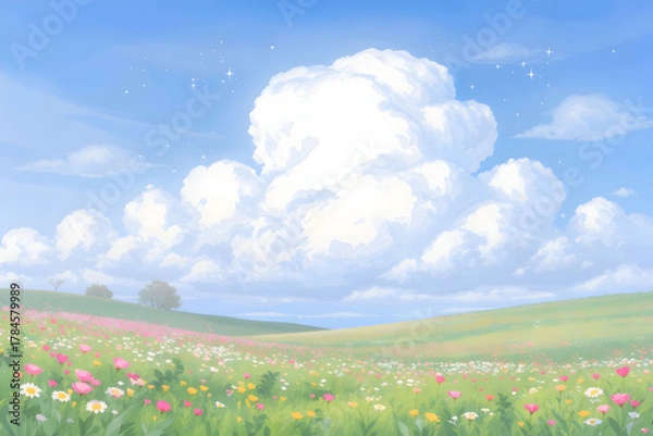 Obraz Dreamy Flower Field with Fluffy Clouds