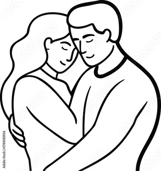 Fototapeta The silhouette of two people embracing in a tender, minimal style..