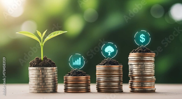 Fototapeta Stacks of coins with digital icons represent investment growth and financial planning concept