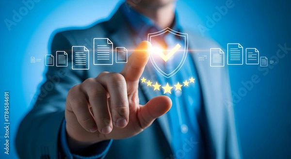 Fototapeta Man touching digital screen with quality assurance guarantee symbol and five star rating