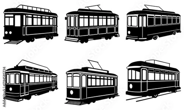 Fototapeta Vintage trolley illustrations, classic streetcar collection, antique public transport, historical vehicle set, urban transit design elements, scalable vector