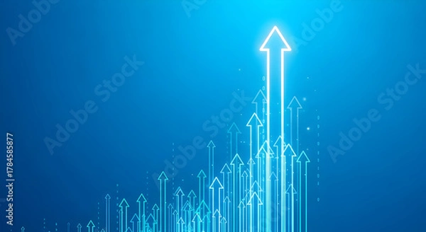 Fototapeta Abstract blue background with glowing arrows pointing upwards symbolizing business growth and success