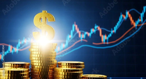 Fototapeta Golden dollar sign on stack of coins with financial chart background representing investment growth