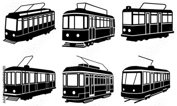 Fototapeta Vintage trolley collection, retro trams for classic transportation vibes and city travel designs, old fashioned streetcar icons with nostalgic charm, vector