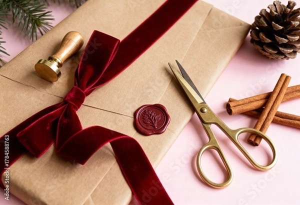 Obraz luxury holiday present with gold scissors and pinecone