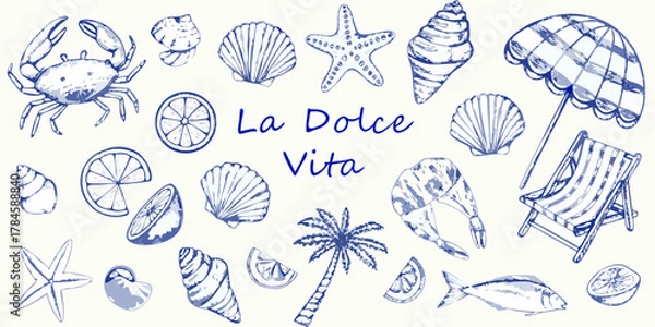 Fototapeta Charming blue sketch of beach elements and italian phrase la dolce vita