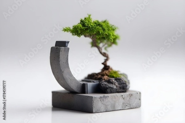 Obraz Bonsai Tree Growing Through Miniature Desktop Portal Surreal Nature Technology Fusion Concept Art