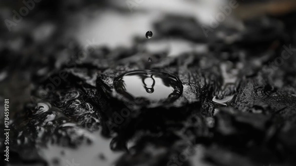 Fototapeta Water Drop in Focus: A single droplet of water hangs suspended, moments before impact, poised above a textured surface, showcasing the ephemeral beauty of a split-second event. 