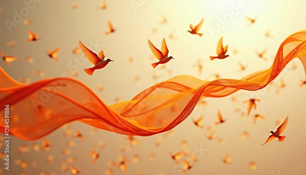 Fototapeta International Day for the Elimination of Violence against Women. Flying birds with a joyful mood among orange ribbons in an abstract background