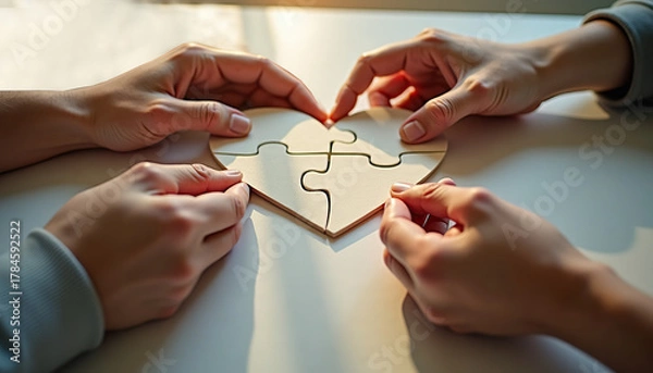 Fototapeta Family Caregivers Month. Hands assembling a wooden puzzle heart together in a collaborative and affectionate atmosphere