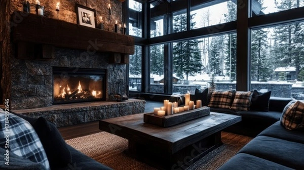 Obraz Cozy Retreat: A warm, inviting fireplace crackles with a cozy ambiance in a modern lodge interior. Large windows offer breathtaking views.