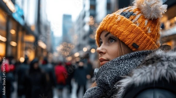 Obraz A Woman's City Stroll: A woman, warmly wrapped in a beanie and scarf, pauses amidst a bustling city street. Her gaze, filled with thought, reflects the vibrant energy of the urban environment.