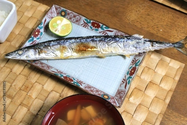 Obraz 日本の秋の味覚　サンマの塩焼き