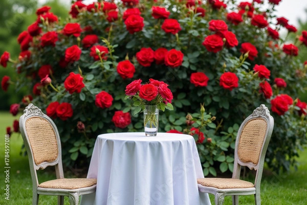Fototapeta A table with a white tablecloth for two with a vase with a bouquet of red roses, two chairs in the garden against the backdrop of a huge bush of blooming roses. 3d rendering.