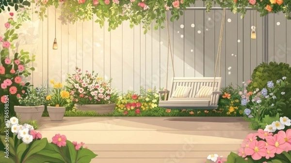 Obraz Serene patio garden with hanging swing, flowers, and sunlight.