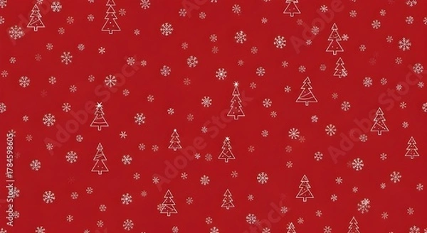 Fototapeta Festive christmas background with handdrawn snowflakes and christmas trees on a red backdrop, creating a cheerful and cozy holiday atmosphere for designs