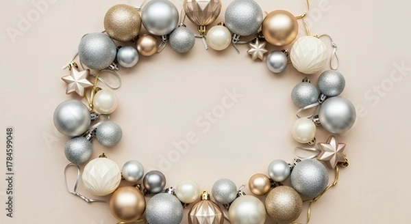 Obraz Elegant gold and silver Christmas ornaments frame festive holiday greeting space