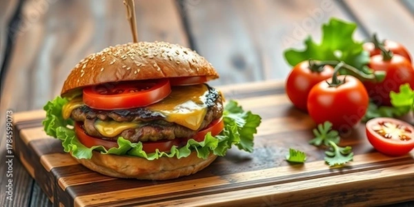 Fototapeta Juicy grilled burger on rustic wood cutting board with fresh tomatoes and lettuce, cheese, deliciousness