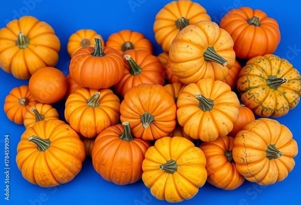 Fototapeta A cluster of various-sized pumpkins, some showing orange and green hues, rests on a smooth, vibrant blue background ,  photography,  pumpkins on blue