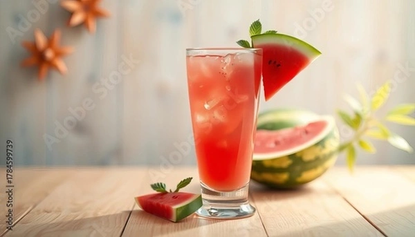 Fototapeta Refreshing watermelon juice in glass on bright wood, light, organic