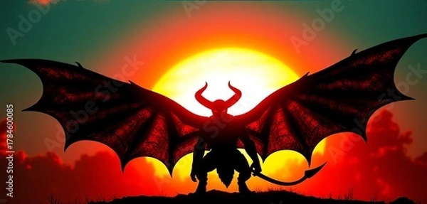 Fototapeta Imposing winged demon silhouette against a fiery sunset,  shadow,  darkness