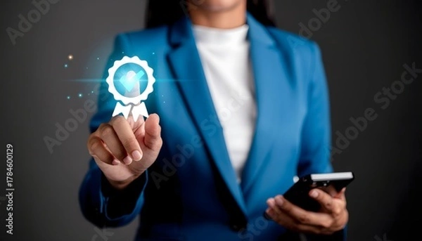Fototapeta Professional woman selects quality assurance badge using smartphone technology