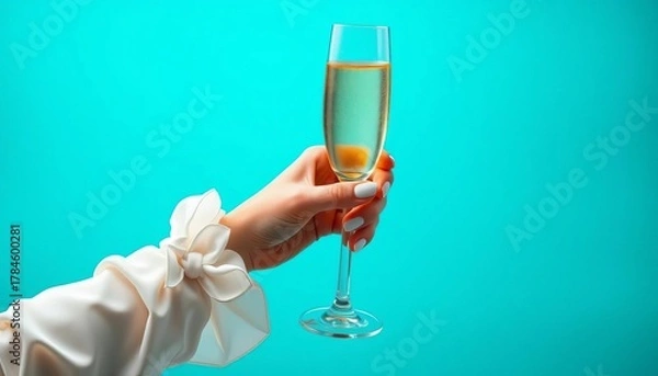 Fototapeta Elegant hand holding champagne flute, turquoise backdrop, wine, celebration