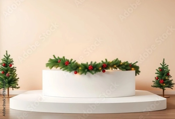 Fototapeta Elegant white podium adorned with Christmas garland and warm fairy lights against a beige backdrop, christmas lights, decor