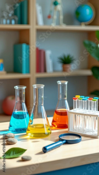 Fototapeta High-resolution 8K vertical image of a science exploration corner; colored liquids in beakers, test tubes, magnifying glass, leaves, stones, and safety goggles, with models and books in the blur.