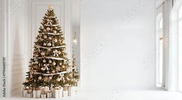 Obraz Elegant Christmas tree adorned with gold ornaments and gifts in a bright, modern room