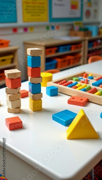 Fototapeta Ultra-sharp 8K vertical stock photo of a math and learning station in an elementary classroom; geometric colored blocks standing tall, abacus, pattern tiles, other manipulatives neatly organized.