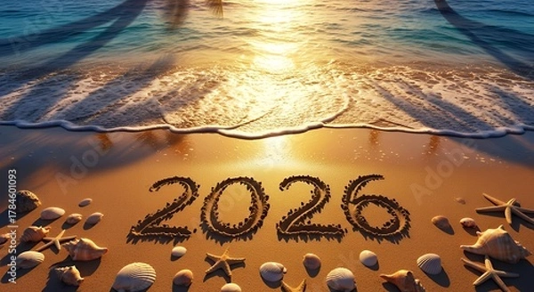Fototapeta Welcome the New Year 2026 with a stunning beach sunset and seashells
