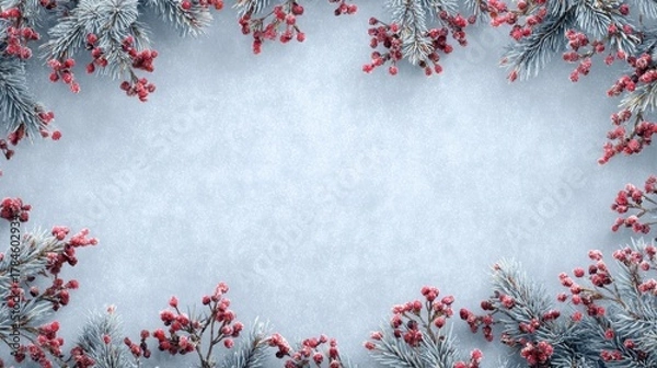 Fototapeta Frosty Winter Background with Red Berries and Evergreen Branches for Seasonal Decorations and Festive Designs