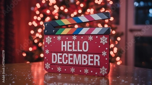 Fototapeta Hello december clapperboard with festive christmas lights in background