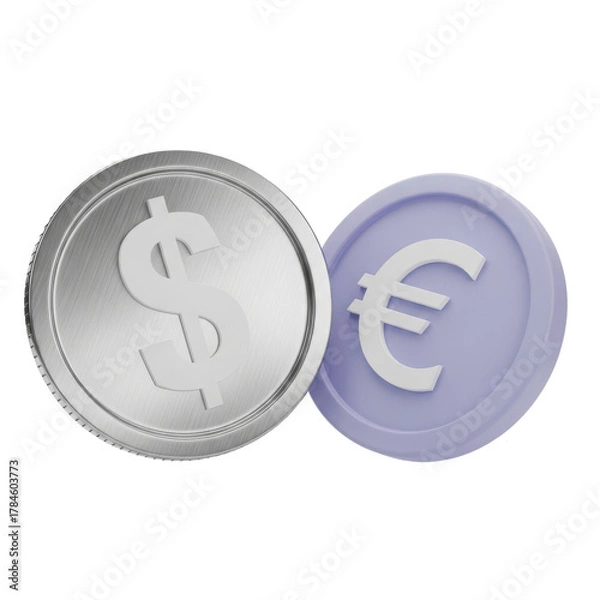Obraz Two distinct currency coins a silver dollar and a purple euro isolated on transparent background