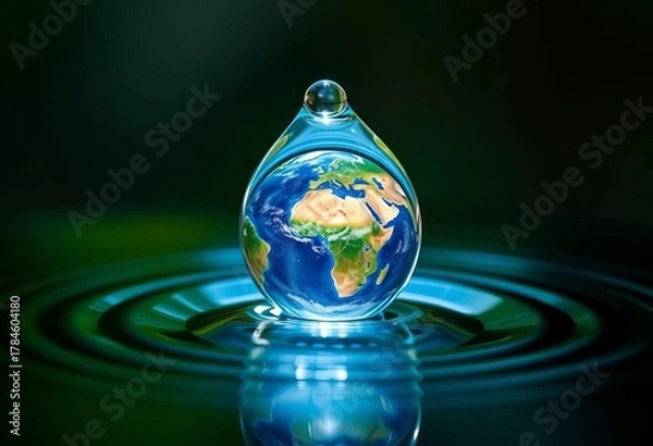 Fototapeta A single, glistening waterdrop encapsulates a miniature Earth, sphere, wonder