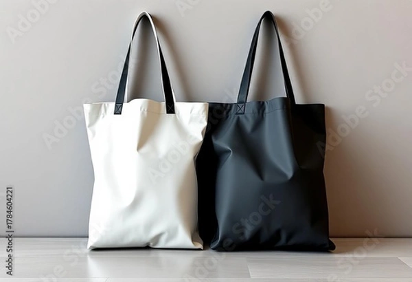 Fototapeta A pair of blank tote bags; one white, one black, side by side,  item,  bags