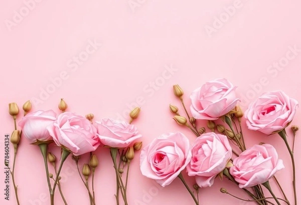 Fototapeta Delicate dried pink roses arranged on a blush pink backdrop,  arrangement,  floral