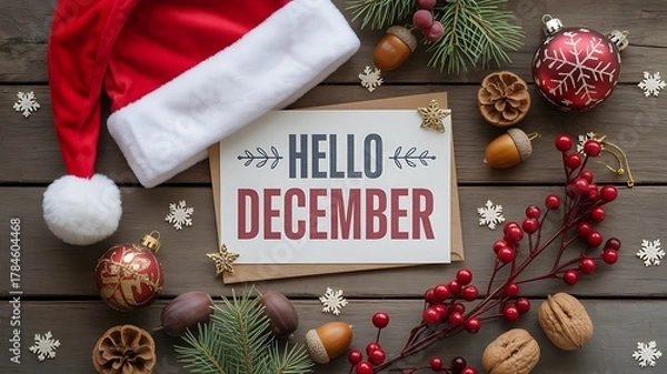 Fototapeta Hello december text with christmas ornaments and winter decoration